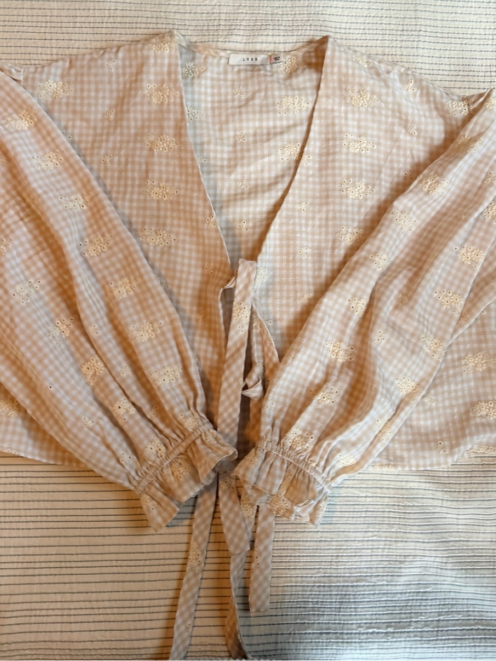 Lush Beige Gingham Eyelet Tie-Front Blouse